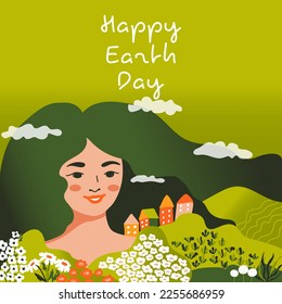 Happy Earth Day. Mother earth with forest, hills, blooming flowers and houses, clouds. Concept of ecology and environmental protection. Vector illustration