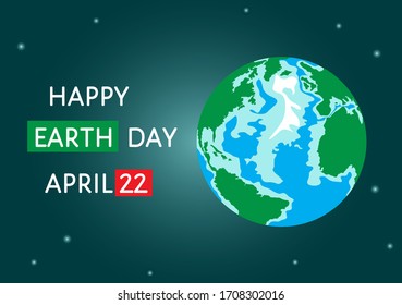 Happy Earth Day on April 22 festive greeting, holiday horizontal banner design. Planet Earth colorful globe isolated on dark night space sky background, shining stars. Flat style vector illustration