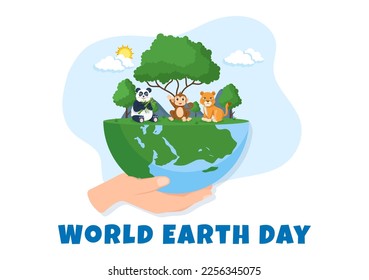 Happy Earth Day on April 22 Illustration with World Map Environment in Flat Cartoon Hand Drawn for Web Banner or Landing Page Templates