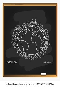 Happy Earth Day on blackboard background. Eco friendly ecology concept. Save the earth. Earth day flat concept. World environment day background. Green day. Hand drawn Vector illustration. 