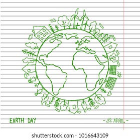 Happy Earth Day on copybook background. Eco friendly ecology concept. Save the earth. Earth day flat concept. World environment day background. Green day. Hand drawn Vector illustration. 