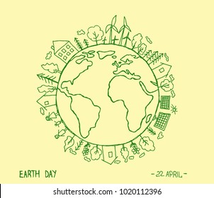 Happy Earth Day on creme background. Eco friendly ecology concept. Save the earth. Earth day flat concept. World environment day background. Green day. Hand drawn Vector illustration. 