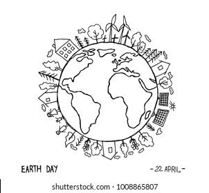 Happy Earth Day on white background. Eco friendly ecology concept. Save the earth. Earth day flat concept. World environment day background. Green day. Hand drawn Vector illustration. 