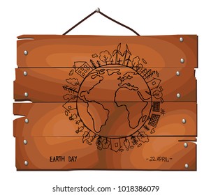 Happy Earth Day on wooden plank background. Eco friendly ecology concept. Save the earth. Earth day flat concept. World environment day background. Green day. Hand drawn Vector illustration. 