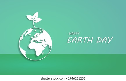 Happy earth day. Paper cut planet on green background, vector