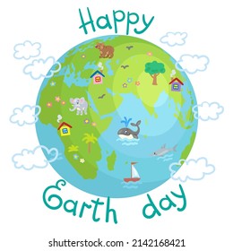 Happy Earth day! Picture of our planet is decorated with children's drawings of trees, animals, flowers and houses. In cartoon style. Isolated on white background. Vector flat illustration