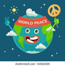 Happy Earth Day. Planet character. World Peace. Vector flat cartoon illustration