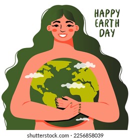 Happy Earth Day. Planet Earth with  clouds. Mother holding the globe. Concept of ecology and environmental protection. Vector illustration
