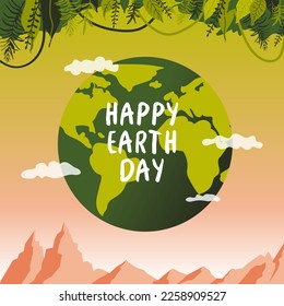 Alles Gute zum Earth Day! Planet Erde mit Wolken. Grünes Blattwerk, Berge.  Konzept der Ökologie und des Umweltschutzes. Vektorgrafik