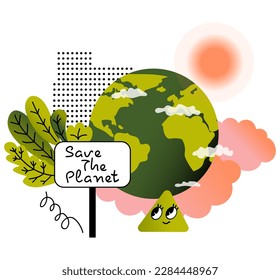 Happy Earth Day. Planet Earth with clouds and green foliage. Abstract doodle shapes. Save the planet. Concept of ecology and environmental protection. Vector illustration
