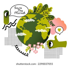 Happy Earth Day. Planet Earth with clouds, flowers and green foliage. Abstract doodle shapes. Save the planet. Concept of ecology and environmental protection. Vector illustration