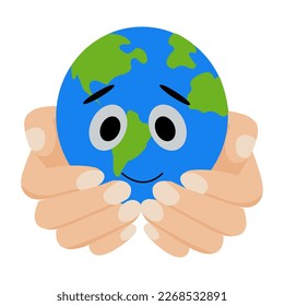 Happy Earth Day. Planet in human hands. Social poster, banner, card. Saving the planet. Nature. Cartoon cute earth with emotion. Hands holding globe. Protection nature. Vector illustration