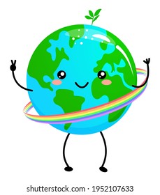 Happy Earth Day - Planet Earth kawaii drawing with rainbow hola hoop. Poster or t-shirt textile graphic design. Beautiful illustration. Earth Day environmental Protection. Every year on April 22.