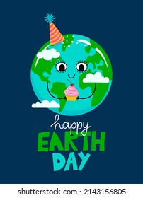 Happy Earth Day - Planet Earth kawaii drawing with birthday cake. Poster or t-shirt textile graphic design. Beautiful illustration. Earth Day environmental Protection. Every year on April 22.