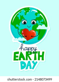 Happy Earth Day - Planet Earth kawaii drawing with birthday cake. Poster or t-shirt textile graphic design. Beautiful illustration. Earth Day environmental Protection. Every year on April 22.