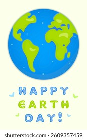 Happy Earth day postcard, poster with inscription. Bright planet and own trendy y2k bubble font text. Ecology concept banner, save and love nature, greeting card in blue and green colors