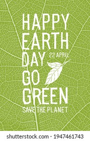 Afiche del Feliz Día de la Tierra. Texto adicional: 22 de abril, ve verde, salva el planeta. Afiche de ecología. Textura de las venas de hoja verde.
