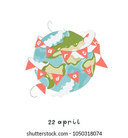 Happy Earth day poster or card with hand drawn planet and lettering. Vector illustration. 22 april