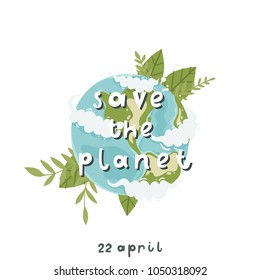 Happy Earth day poster or card with hand drawn planet and lettering. Vector illustration. 22 april