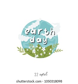 Happy Earth day poster or card with hand drawn planet and lettering. Vector illustration. 22 april