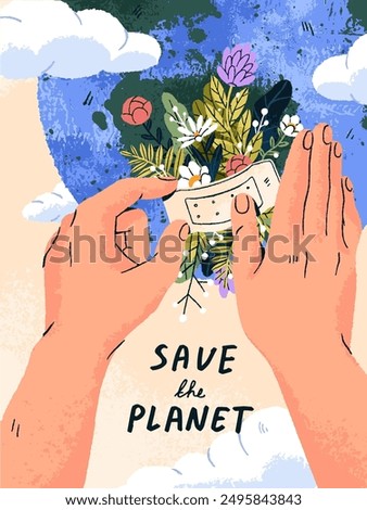 Happy Earth Day poster. Concept of save world. Celebration of 22 April, protection of planet, environment. Human hands treat ecology, nature of globe with patch, flowers. Flat vector illustration