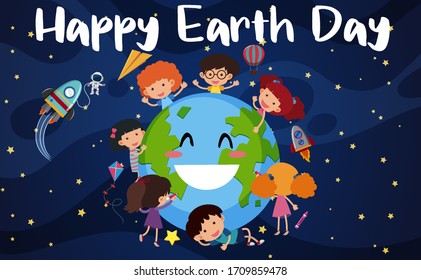 Happy earth day poster design with happy kids in space illustration