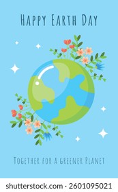 Happy Earth Day poster with globe and flowers on blue background. Earth day greeting card.  Ecological consept. Graphic illustration banner. Save the planet. April 22. Flat vector illustration. 