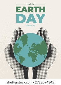 Cartel del día de la tierra feliz con el globo en manos humanas, estilo del semitono. Concepto ambiental retro moderno para la sostenibilidad, la protección y el cuidado de la naturaleza global. Ilustración vectorial