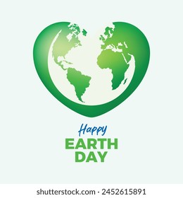 Happy Earth Day poster with green heart vector illustration. Environmental protection symbol. Planet Earth and green shiny heart shape icon. Template for background, banner, card. April 22 each year