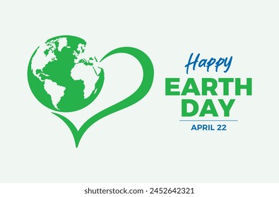 Happy Earth Day poster with green heart vector illustration. Environmental protection symbol. Planet Earth and green heart shape icon. Template for background, banner, card. April 22 each year