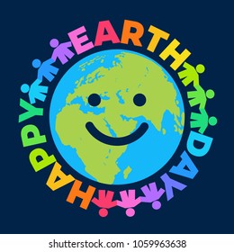 Happy Earth Day poster. Greeting text written around cartoon smiling globe. Happy cute funny Earth emoji. Vector illustration isolated on dark blue night sky background.