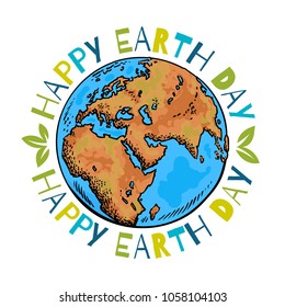 Happy Earth Day poster. Hand drawn vector illustration with greeting text around isolated on white background.