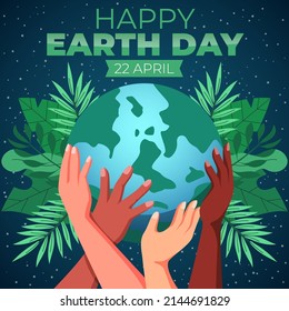 Happy Earth Day Poster With Illustration Of Many Hands Supporting The Earth