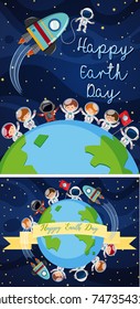 Happy earth day poster with kids in space illustration