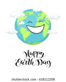 Happy earth day poster with planet and text. Smiling cartoon Earth isolated on white background.
