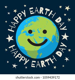 Happy Earth Day poster in retro style. Greeting text written around smiling cartoon globe. Happy cute funny Earth emoji. Vintage vector illustration isolated on dark blue night sky background.