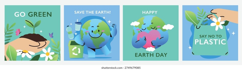 Happy Earth day poster square background set. Save the world cover with people plant trees, globe, recycle bin, heart, eco bag. Ideal for sticker, social media promoting environment day, campaign.