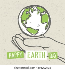 Happy Earth Day Poster. Symbolic Earth in hands on the recycled paper texture. 22 April
