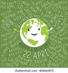 Afiche del Feliz Día de la Tierra. Texto alrededor del símbolo de la Tierra. Planeta sonriendo. 