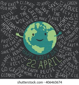 Happy Earth Day Poster. Text around the Earth symbol. Planet smiling. Grunge layers easily edited.