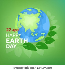 Happy Earth day poster vector illustration planet earth on a green background tree leaves