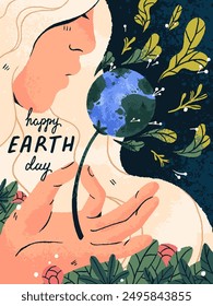 Happy Earth Day poster. World save planet celebration, 22 April postcard. Protection of environment, ecology, nature concept. Woman blowing on globe like on dandelion. Flat vector illustration