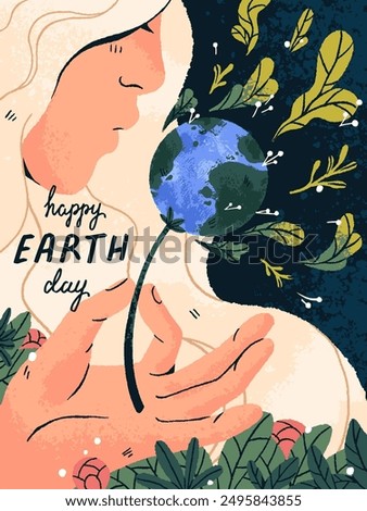 Happy Earth Day poster. World save planet celebration, 22 April postcard. Protection of environment, ecology, nature concept. Woman blowing on globe like on dandelion. Flat vector illustration