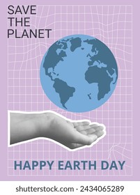 Happy Earth day retro banner. Save the planet collage poster. Template for holiday flyer. Vector flat illustration.