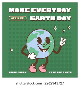Happy Earth Day retro card with slogan. Vintage nostalgia cartoon planet mascot character with smiling face. Globe with peace hand gesture. Environment friendly recycle concept. Vector illustration.