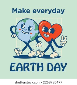 Happy Earth Day retro card with slogan. Vintage nostalgia cartoon planet mascot character with smiling face. Globe with peace hand gesture. Environment friendly recycle concept.