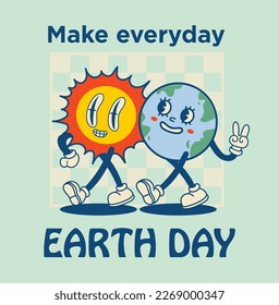 Happy Earth Day retro card with slogan. Vintage nostalgia cartoon planet mascot character with smiling face. Globe with peace hand gesture. Environment friendly recycle concept.