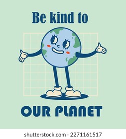 Happy Earth Day retro card with slogan. Vintage nostalgia cartoon planet mascot character with smiling face. Globe with peace hand gesture. Environment friendly recycle concept.