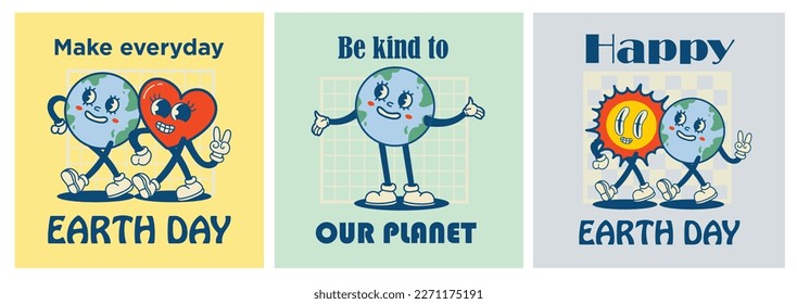 Happy Earth Day retro cards with slogan. Vintage nostalgia cartoon planet mascot character with smiling face. Globe with peace hand gesture. Environment friendly recycle concept.