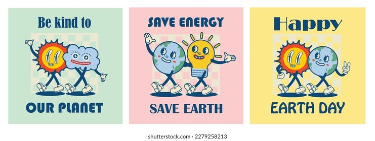 Happy Earth Day retro cards with slogan. Vintage nostalgia cartoon planet mascot character with smiling face. Globe with peace hand gesture. Environment friendly recycle concept.